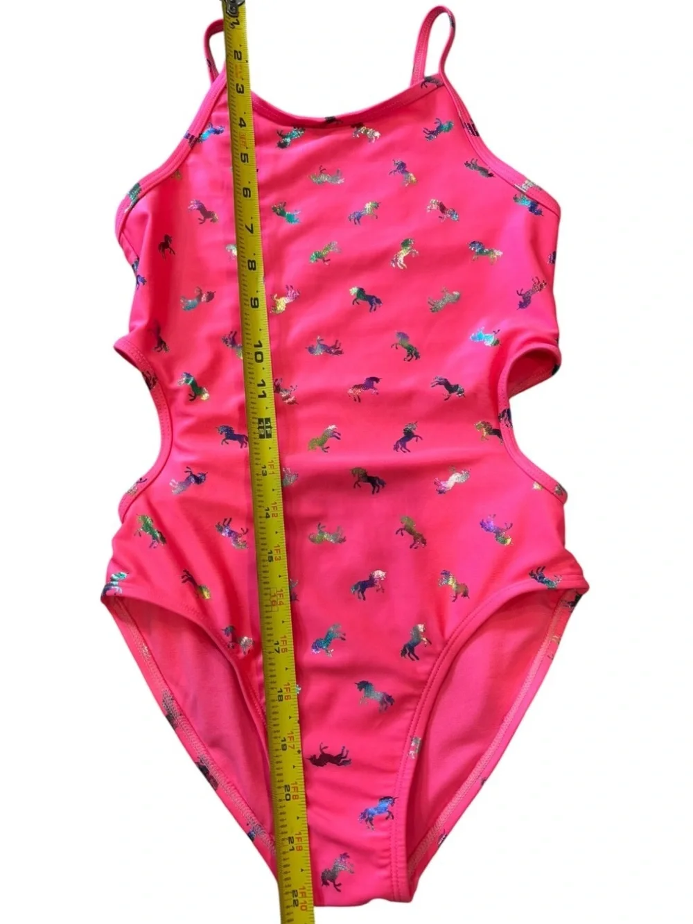 Place Bright Pink Foil Unicorn Cut Out One Piece Girl’s Swimsuit Size Medium 7/8